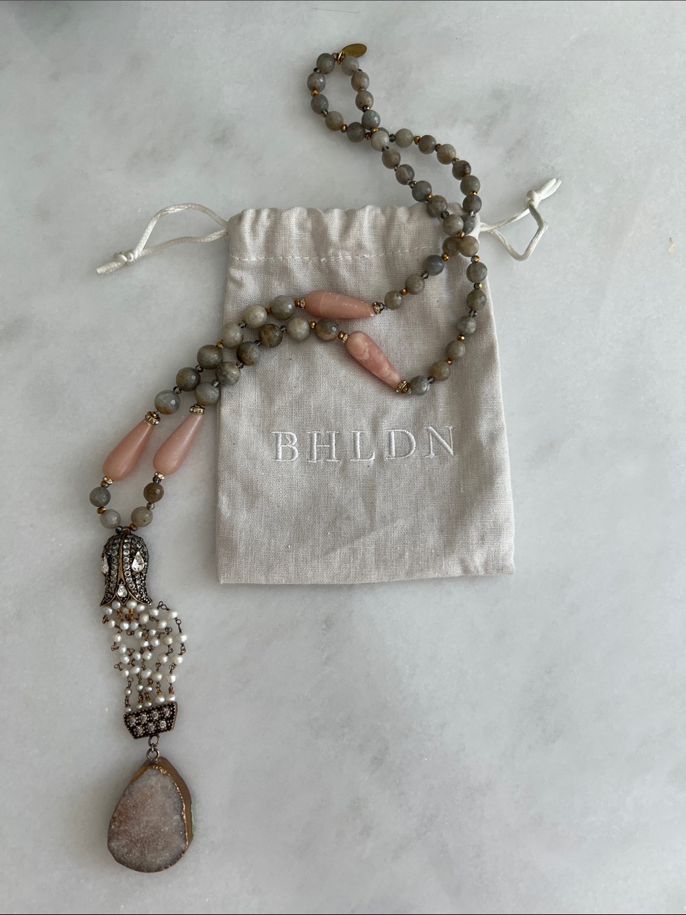 RARE ANTHROPOLOGIE BHLDN GRATZIA Pink & Gray Beaded Druzy Statement Necklace
